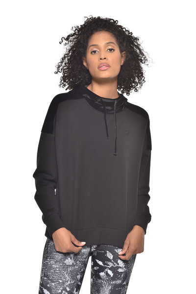 BİLCEE - Siyah Kadın Kapüşonlu Kadife Şeritli Pamuklu Sweatshirt 9088