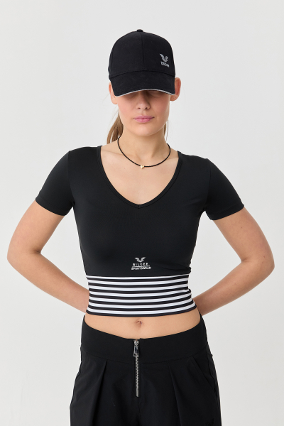 Kadın Siyah Kısa Kollu Desenli Spor Crop Body | 0077 - BİLCEE (1)