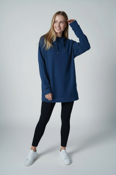  Kadın Lacivert Fırçalı Yumuşak Dokulu Kapişonlu Uzun Boy Owersize Sweatshırt |4785 - BİLCEE (1)