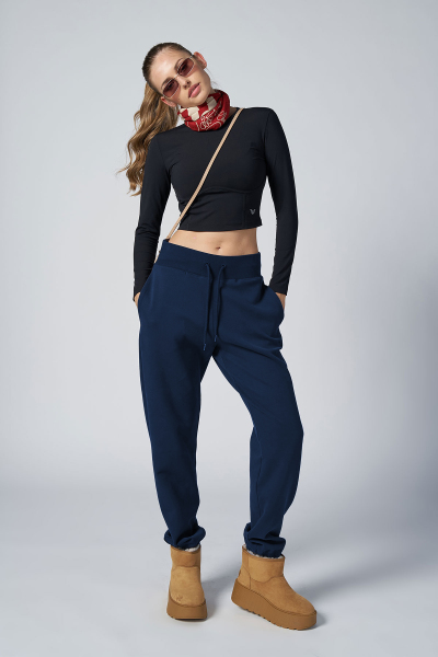 Kadın Lacivert Fırçalı Yumuşak Dokulu Lastikli Paça Yüksek Belli Eşofman Altı | 4784 - BİLCEE (1)