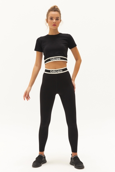 Kadın Siyah Organik Pamuklu Taytlı Crop Fitness ve Sporcu Sütyen Takımı | 0541 - BİLCEE (1)