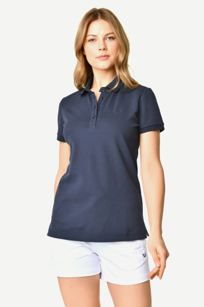 Kadın Lacivert Düğmeli Polo Yaka Kısa Kollu Pamuklu Tişört | 8719 - BİLCEE