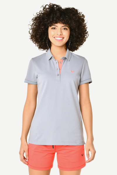 Kadın Gri Düğmeli Polo Yaka Kısa Kollu Pamuklu Tişört | 8719 - BİLCEE