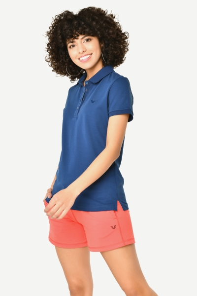 Kadın Mavi Düğmeli Polo Yaka Kısa Kollu Pamuklu Tişört | 8719 - BİLCEE