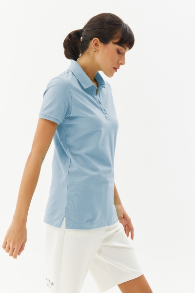 Kadın Mavi Düğmeli Polo Yaka Kısa Kollu Pamuklu Tişört | 8719 - BİLCEE (1)