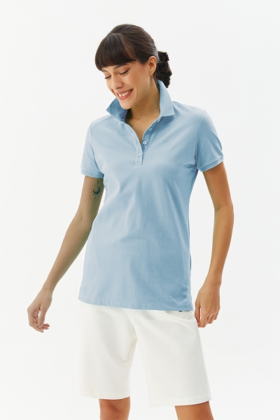 Kadın Mavi Düğmeli Polo Yaka Kısa Kollu Pamuklu Tişört | 8719 - BİLCEE