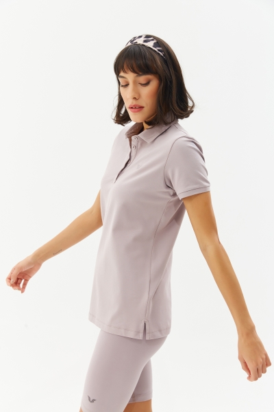 Kadın Bej Düğmeli Polo Yaka Kısa Kollu Pamuklu Tişört | 8719 - BİLCEE (1)