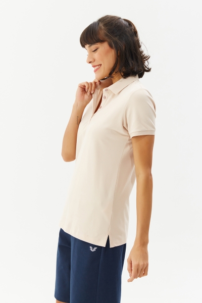 Kadın Krem Düğmeli Polo Yaka Kısa Kollu Pamuklu Tişört | 8719 - BİLCEE (1)