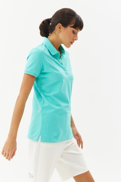 Kadın Turkuaz Düğmeli Polo Yaka Kısa Kollu Pamuklu Tişört | 8719 - BİLCEE (1)