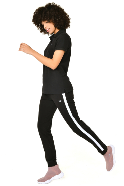 Kadın Siyah Düğmeli Polo Yaka Kısa Kollu Pamuklu Tişört | 8719 - BİLCEE