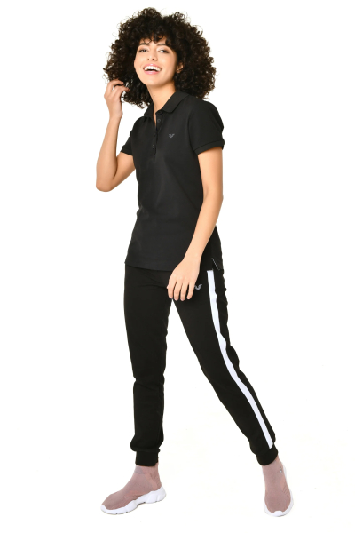 Kadın Siyah Düğmeli Polo Yaka Kısa Kollu Pamuklu Tişört | 8719 - BİLCEE (1)