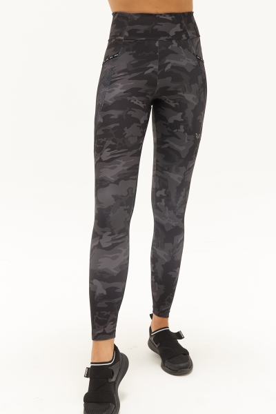 Kadın Siyah Kamuflaj Yüksek Bel Desenli Esnek ve Toparlayıcı Sporcu Taytı | 0761 - BİLCEE