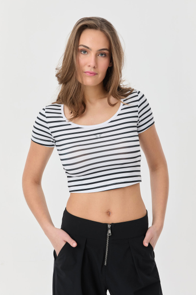 Kadın Beyaz Yumuşak Dokulu Çizgili Crop Body | 9716 - BİLCEE