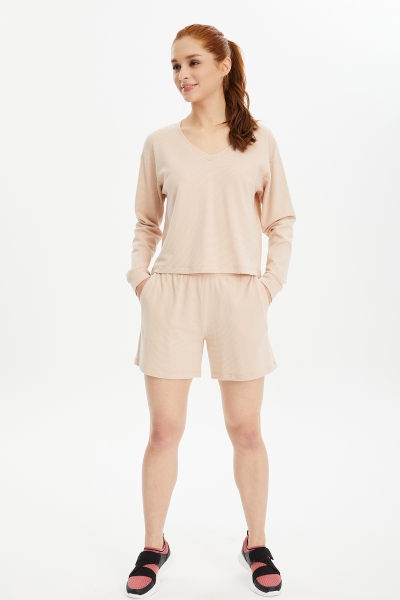 Kadın Krem Yumuşak Dokulu Alt Üst Şortlu Takım | 0736 - BİLCEE