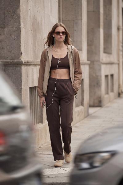 Kadın Kahverengi Yüksek Bel Fırçalı Yumuşak Bol Eşofman Altı |4824 - BİLCEE