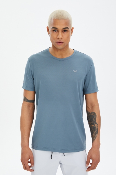 Erkek Mavi Bisiklet Yaka Kısa Kollu Antrenman Fitness Spor Tişört | 1332 - BİLCEE